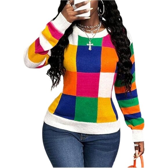 Sweaters - Women's Rainbow Plaid Checkered Long Sleeve Crew Neck Pullover Knitwear Sweater